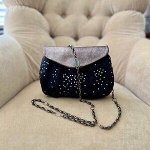 Auth. PATRIZIA PEPE Italy Black Satin & Crystal Minaudiere Evening Bag